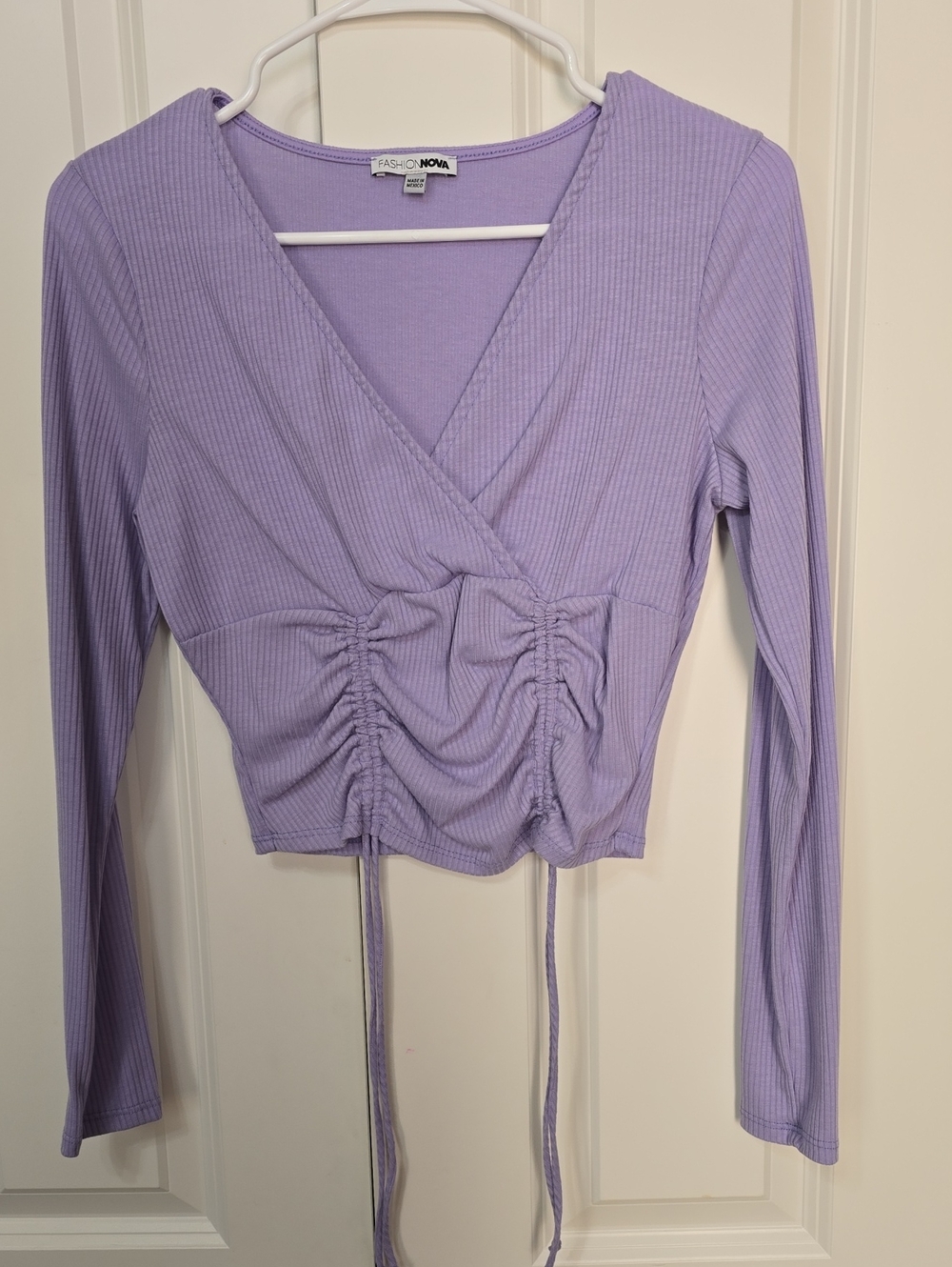 Fashion Nova Lilac Ribbed Ruched Wrap Long Sleeve Crop Top Medium
